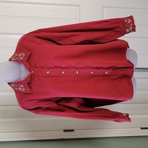 Orvis button down blouse red rust color long sleeve sz XL.